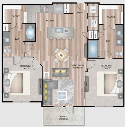 A floor plan of a house with two bedrooms, a bathroom, a kitchen, a dining room, and a great room.
